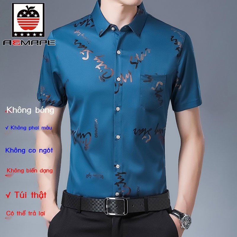 Áo sơ mi lụa nam trung niên mùa hè in hình free iron plus size quần áo
