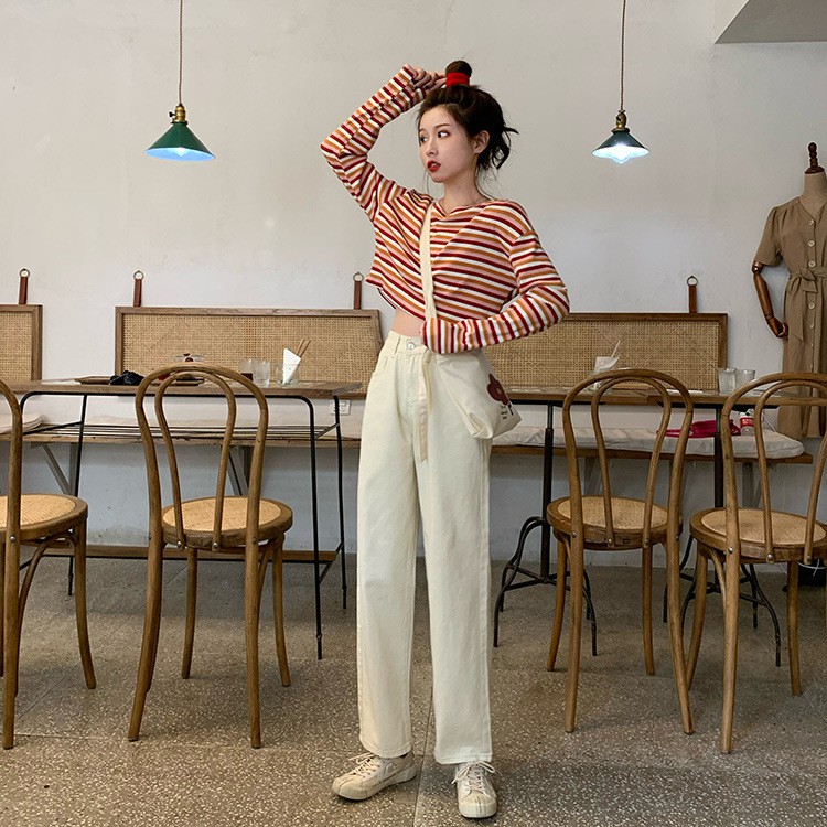 Quần Jeans Nữ Lưng Cao Ống Rộng Phong Cách Hàn Quốc Với 2 Màu Tùy Chọn