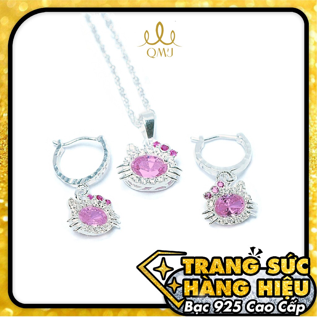 Bộ trang sức QMJ Mèo Kitty ovan đính đá bạc 925 cho bé yêu - Q041