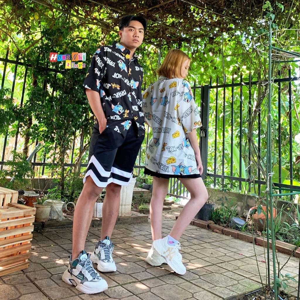 Áo Sơ Mi Hoạ Tiết Hoạt Hình Tom&amp;Jerry Tay Lỡ Dáng Rộng Ulzzang Unisex, Sơ Mi Đi Biển - MM