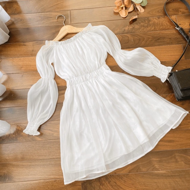 Đầm sheer trắng đen trễ vai bo eo | BigBuy360 - bigbuy360.vn