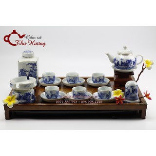 bộ ấm chén Bát Tràng_Bộ bình trà dáng Hồng men Lam Cổ vàng kim & phụ kiện