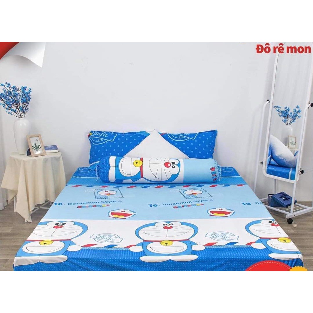 Bộ Ga gối 80x1m91 ga 2 vỏ gốiCotton Poly-MẪU DOREMON XANH