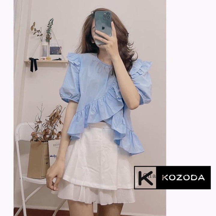 Áo babydoll kiểu cộc tay bèo gấu hai màu xanh, trắng vintage phong cách Hàn Quốc Kozoda SM37