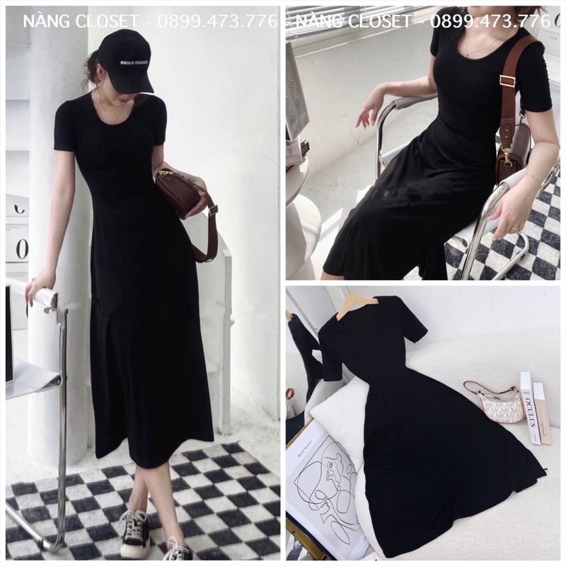 Đầm body midi đen thun gân nữ tay ngắn cổ U xẻ tà sexy NÀNG CLOSET