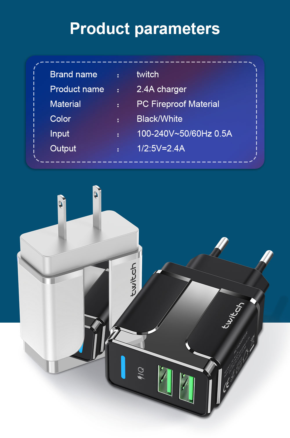 Củ sạc Twitch thiết kế 2 cổng USB phích cắm EU/US tùy chọn cho Iphone Samsung Xiaomi