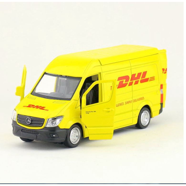 Mô hình xe Mercedes Van DHL 1:36 vỏ kim loại, mở được cửa, ô tô tải vận chuyển đồ chơi trẻ em oto mini trưng bày
