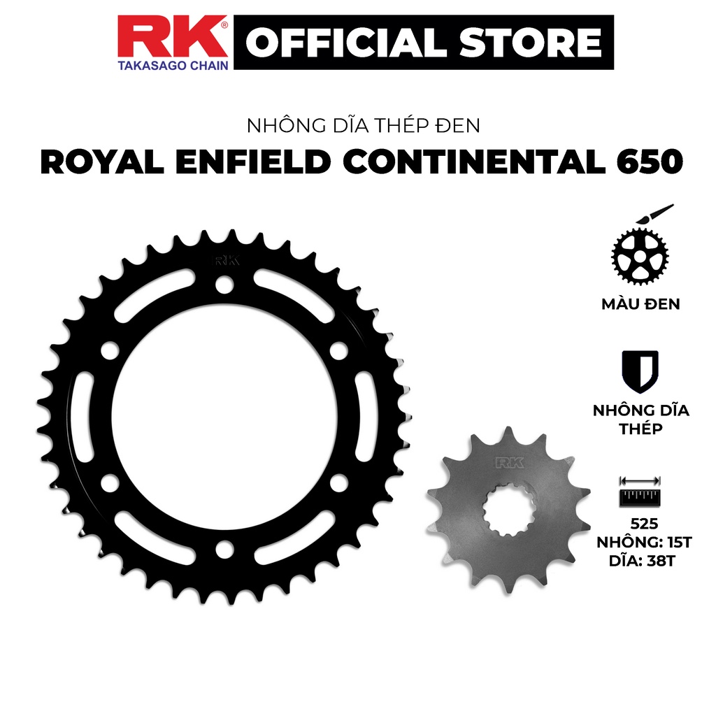 Nhông Dĩa RK Takasago chain xe phân khối lớn Continental 650, chất liệu: Thép mạ màu đen, độ dày Nhông Dĩa: 525