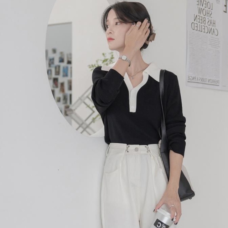 Áo kiểu tay dài cổ polo ôm dáng thời trang xuân thu phong cách Hàn Quốc