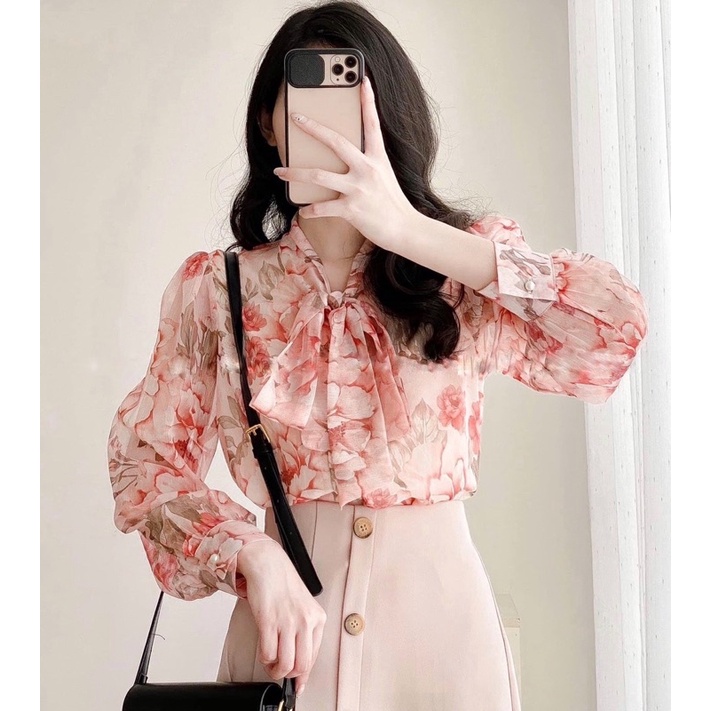 Sơ mi hoa cổ nơ tay phồng, Sơ mi tơ hoa mềm mịn | BigBuy360 - bigbuy360.vn