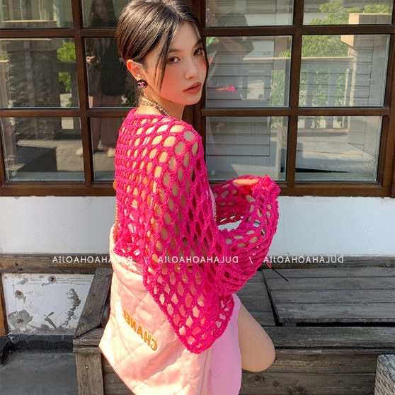 Áo croptop QKOOLE dệt kim tay dài dáng rộng chống nắng phong cách Hàn Quốc dành cho nữ