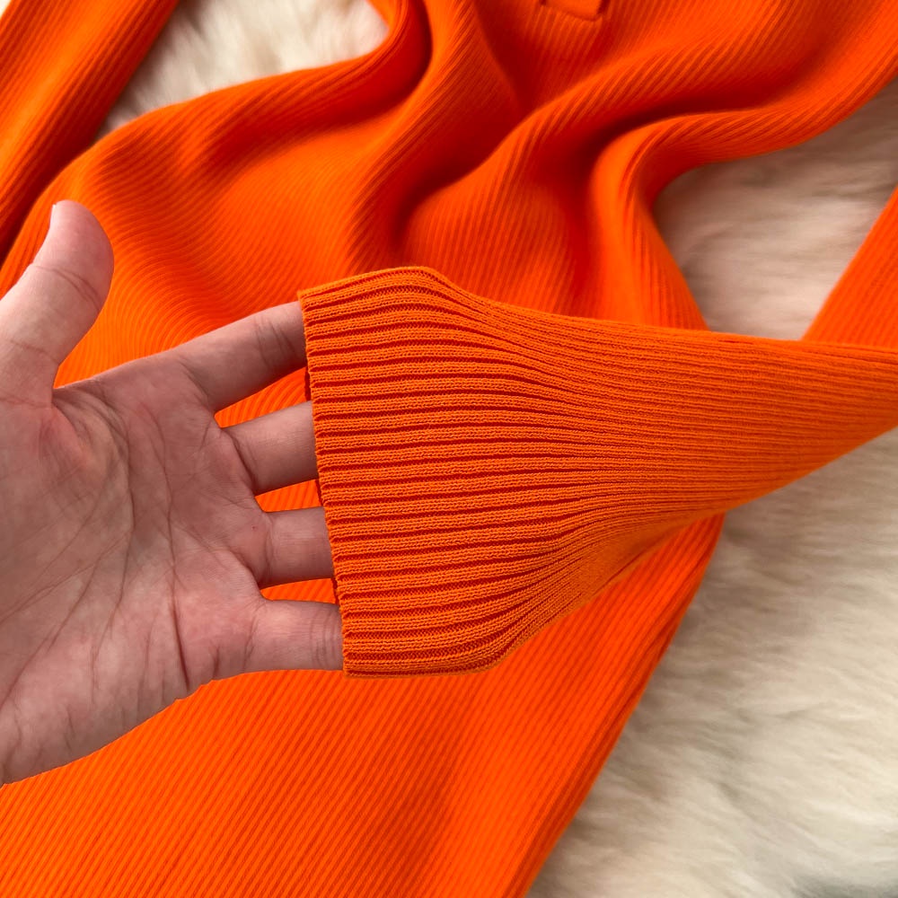 Đầm len cổ polo xẻ đùi gợi cảm, váy len dáng ôm