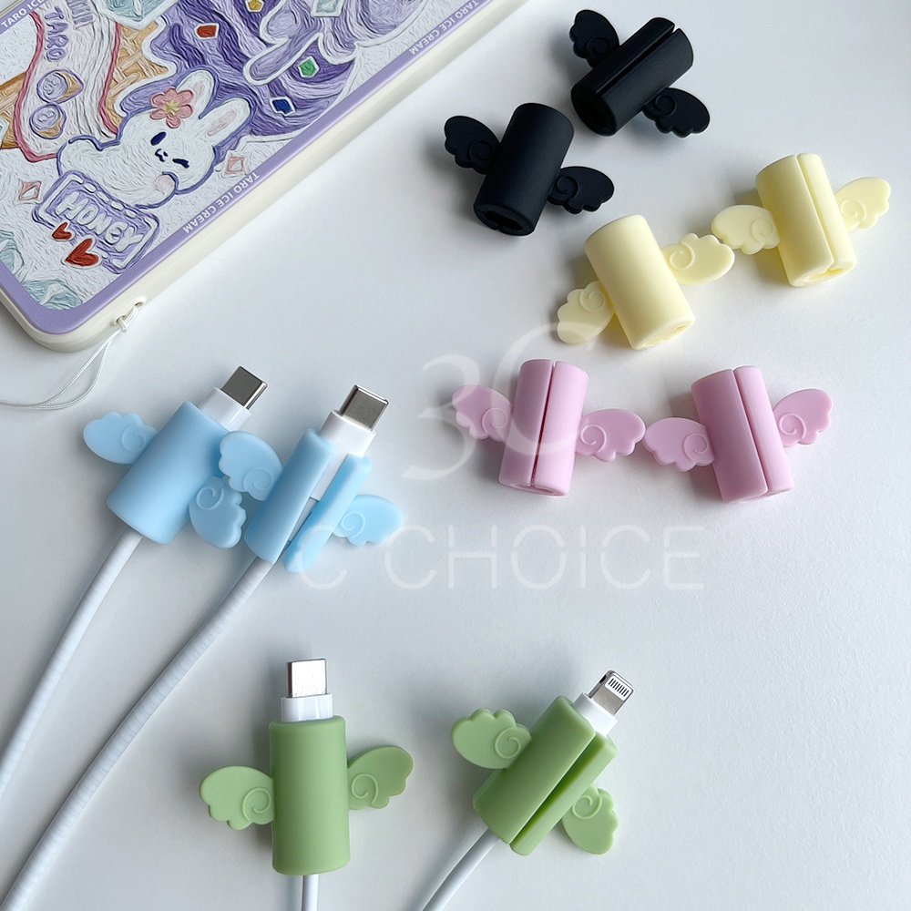 Phụ kiện bọc bảo vệ đầu dây cáp sạc kiểu đôi cánh thiên thần đáng yêu thích hợp cho iPhone thiết bị Type C laptop