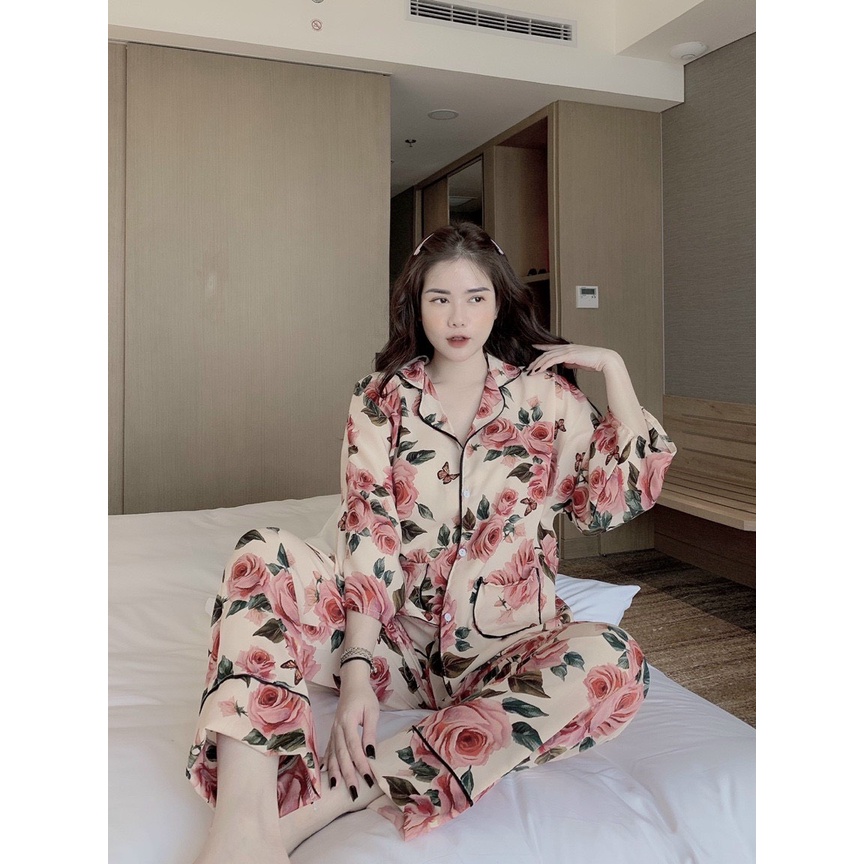 Đồ Bộ Pijama Dài Tay lụa mango, bộ pijama lụa mặc nhà mát mẻ freesize - Linqu Sleepwear