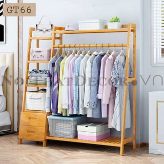 Giá treo quần áo bằng gỗ 2 buồng có ngăn kéo tiện ích GT66