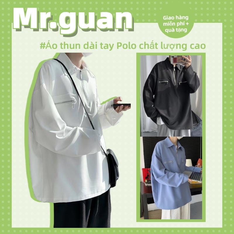 Áo Sơ Mi Polo Tay Dài Có Khóa Kéo Màu Trơn Dáng Rộng Thời Trang Phong Cách Hàn Quốc Cho Nam
