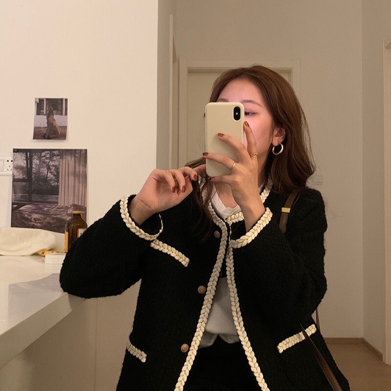 Áo khoác cổ tròn dáng rộng phong cách Hàn Quốc thanh lịch dành cho nữ