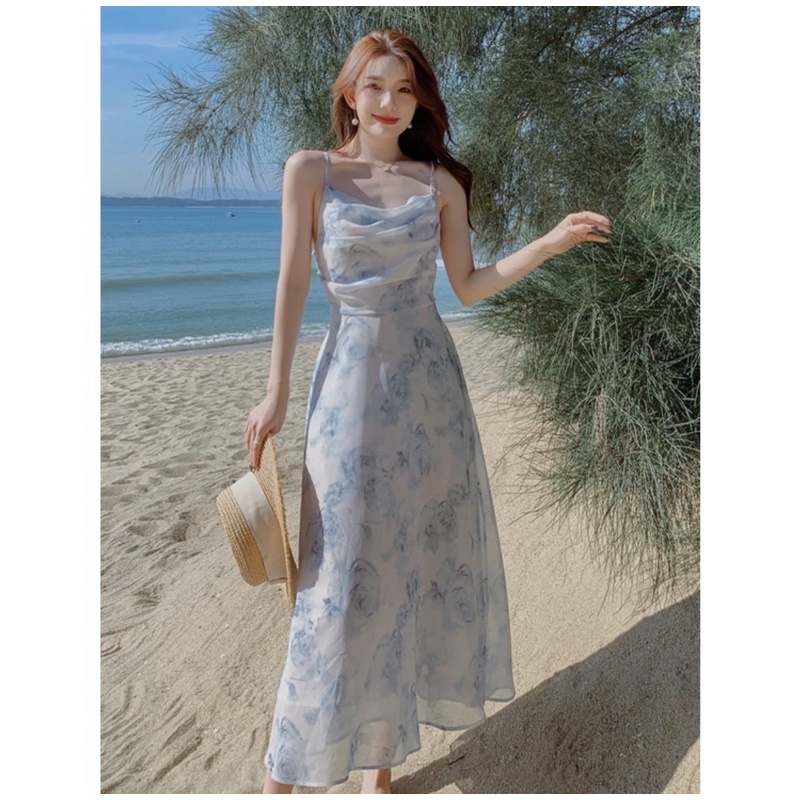 Đầm voan hoa 2 dây mocking lưng phong cách Retro