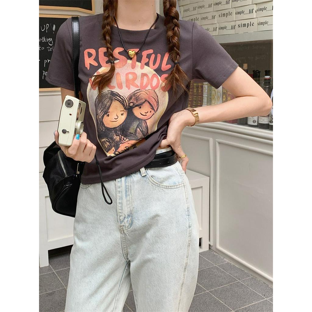 Áo Thun Dáng Ôm Ngắn Tay In Hoạt Hình Và Chữ Thời Trang Hè Cá Tính 63970