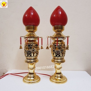 Đèn thờ mạ màu đồng có trái đào (1 cặp) nhiều kích cỡ, phù hợp mọi loại ban thờ, tủ thờ truyền thống gia đình Việt