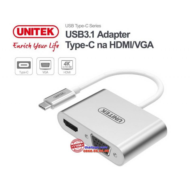 CÁP CHUYỂN ĐỔI UNITEK USB TYPE C USB 3.1 SANG HDMI + VGA VS100
