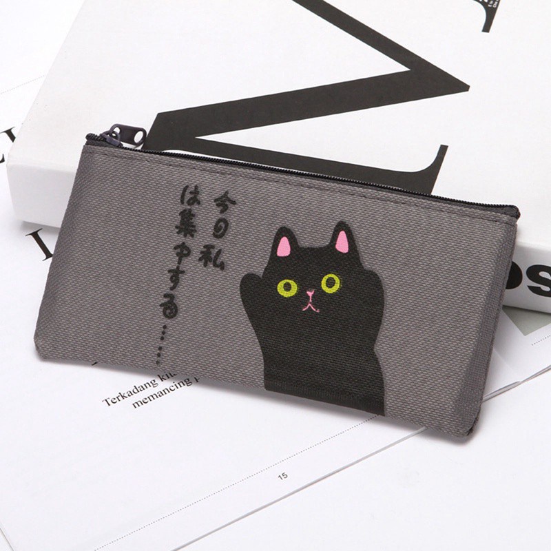 Túi đựng bút/ đồ trang điểm vải canvas màu đen in hình hoạt hình dễ thương