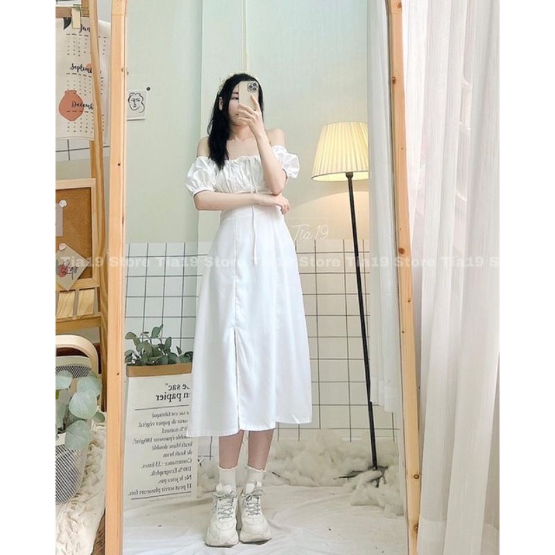 Đầm nhún ngực xẻ tà💥mẫu hàn quốc siêu xinh