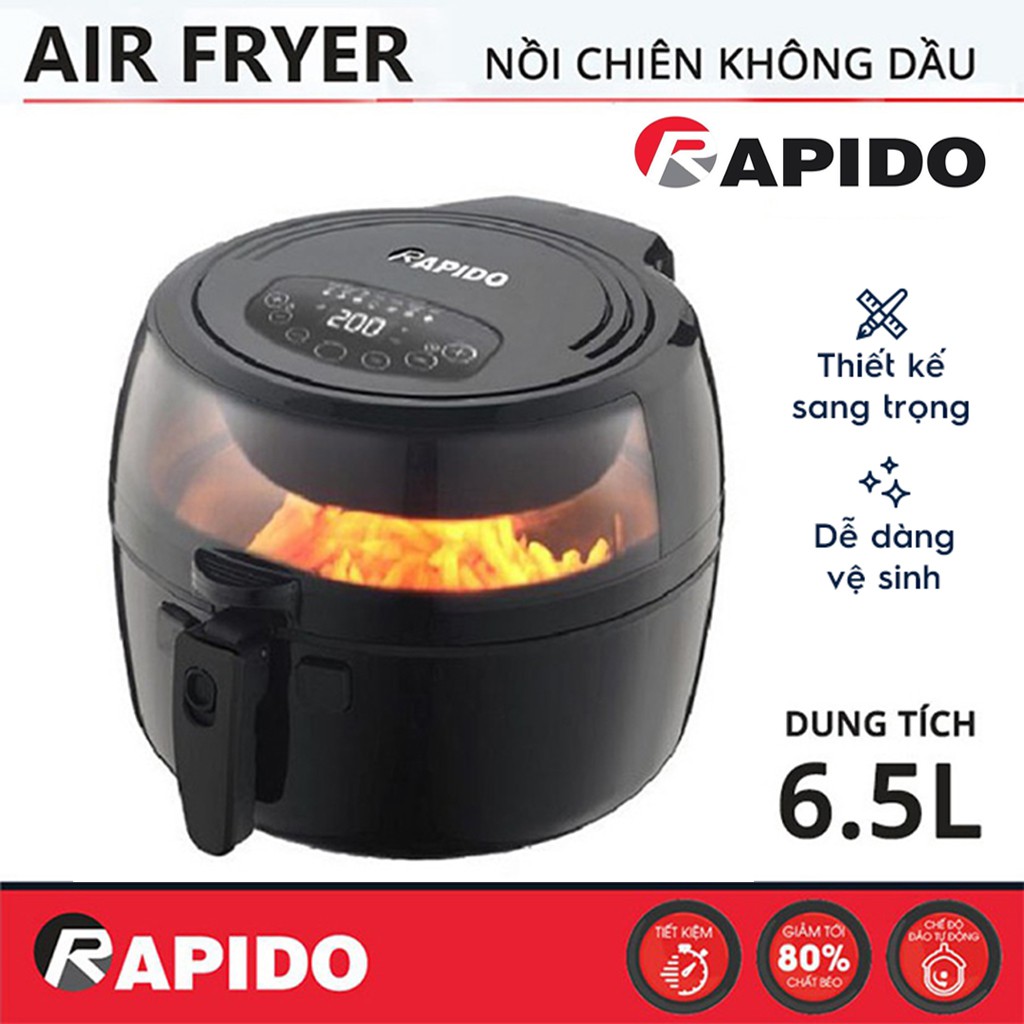 Nồi chiên không dầu Rapido RAF6.5D Inverter (6.5L), điều khiển điện tử,điều khiển cơ, lưỡi đảo ,1800W Chính hãng