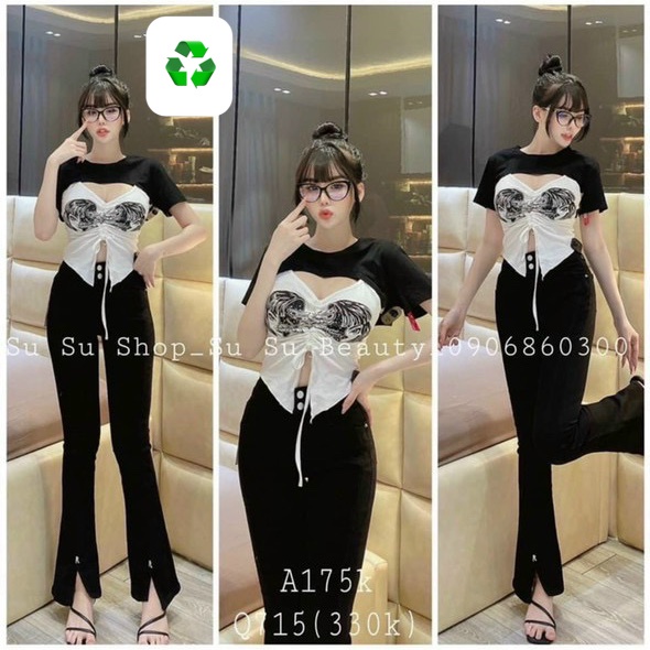 Áo kiểu tay ngắn khoét ngực rút dây giữa in hình cô gái 2 bên ngực cực xinh , chất thun gân mềm mịn
