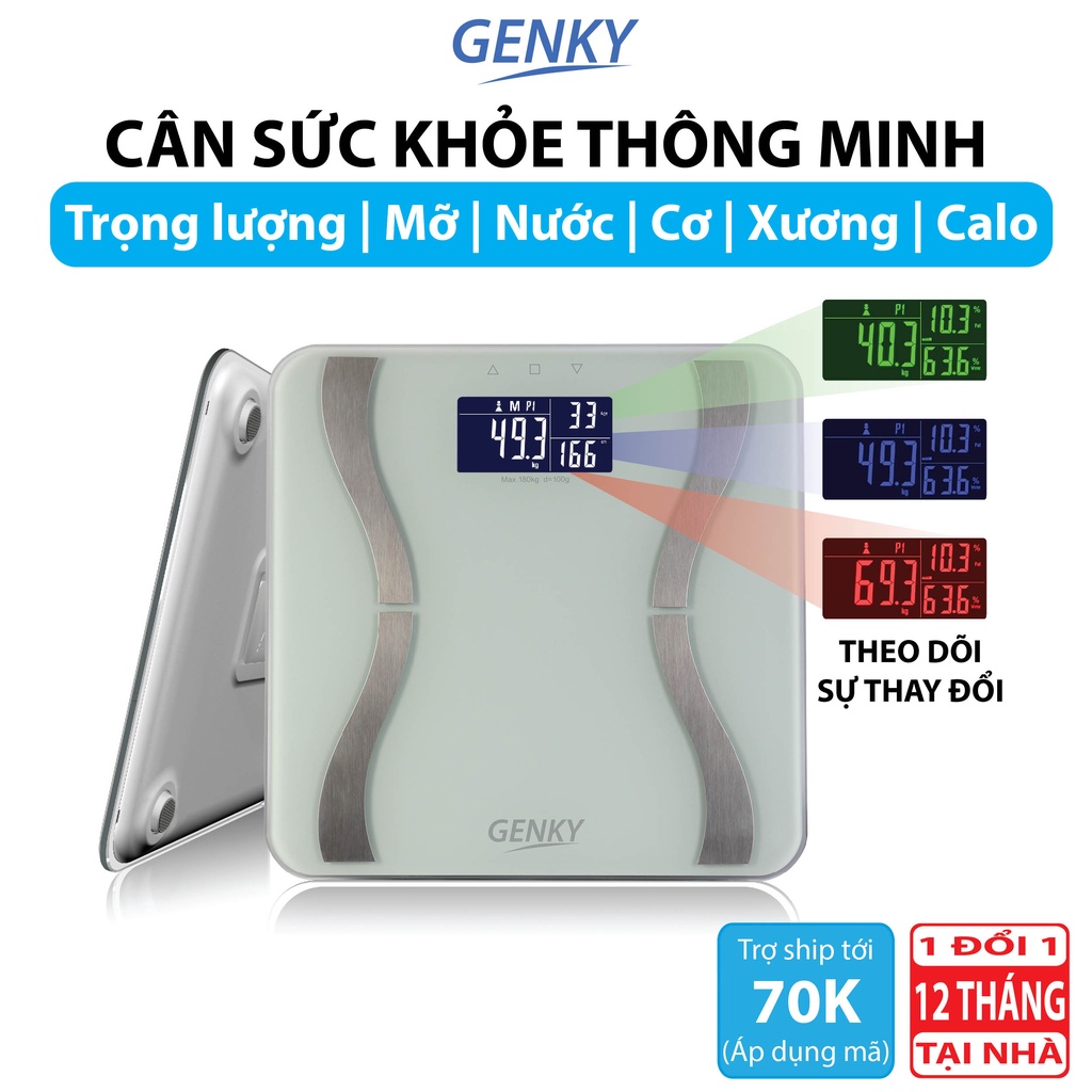 Cân sức khỏe điện tử thông minh Genky - phân tích cơ thể, theo dõi mỡ, cơ, nước, xương, calo