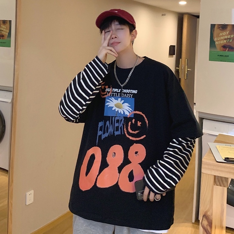 Cặp áo thun IFNICEFUTURE vải cotton dài tay dáng rộng cổ lớn in họa tiết phong cách Hồng Kông thời trang mới cho nam nữ