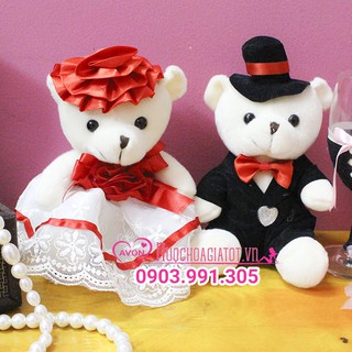 FREE SHIP TẶNG TÚI QUÀ GẤU BÔNG CẶP ĐÔI CÔ DÂU CHÚ RỂ MÀU ĐỎ 23CM