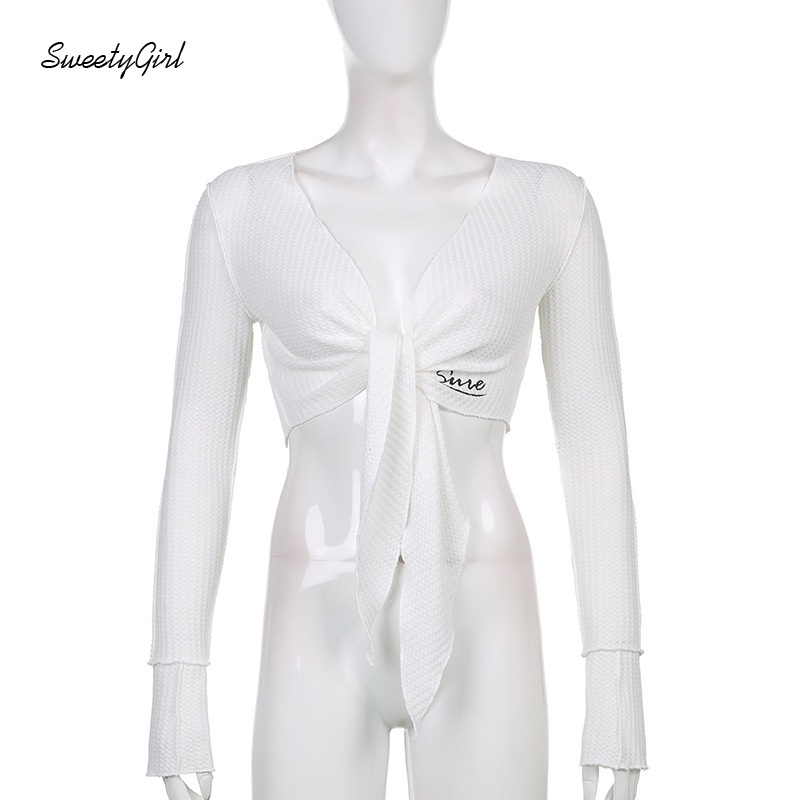 Áo Croptop Tay Dài Cổ Chữ V Thêu Chữ Thời Trang Dành Cho Nữ