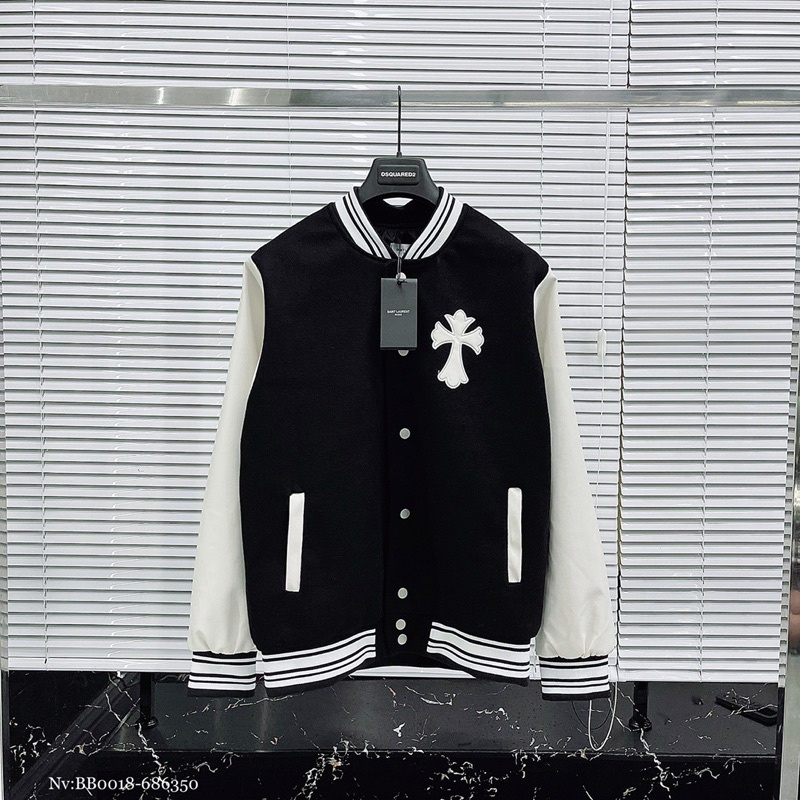 Áo khoác varsity dạ nam nữ thêu hình chữ thập da hai mặt phối tay da trắng bo chun sọc đen trắng- Áo bomber