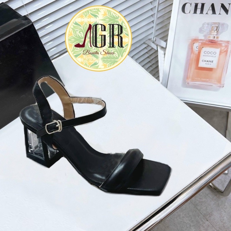 Sandal gót bản ngang phồng gót mica viền 6 cm