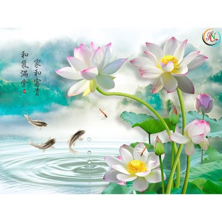 Tranh dán tường 3D cá hoa sen - vải lụa kim tuyến