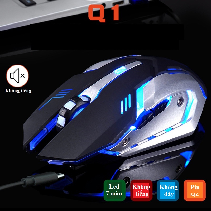 Chuột game Q1 ABS 2.4Ghz chuột không dây đèn LED 7 màu tự động chỉnh, tắt tiếng, Pin tích hợp sạc qua cáp USB Mcro