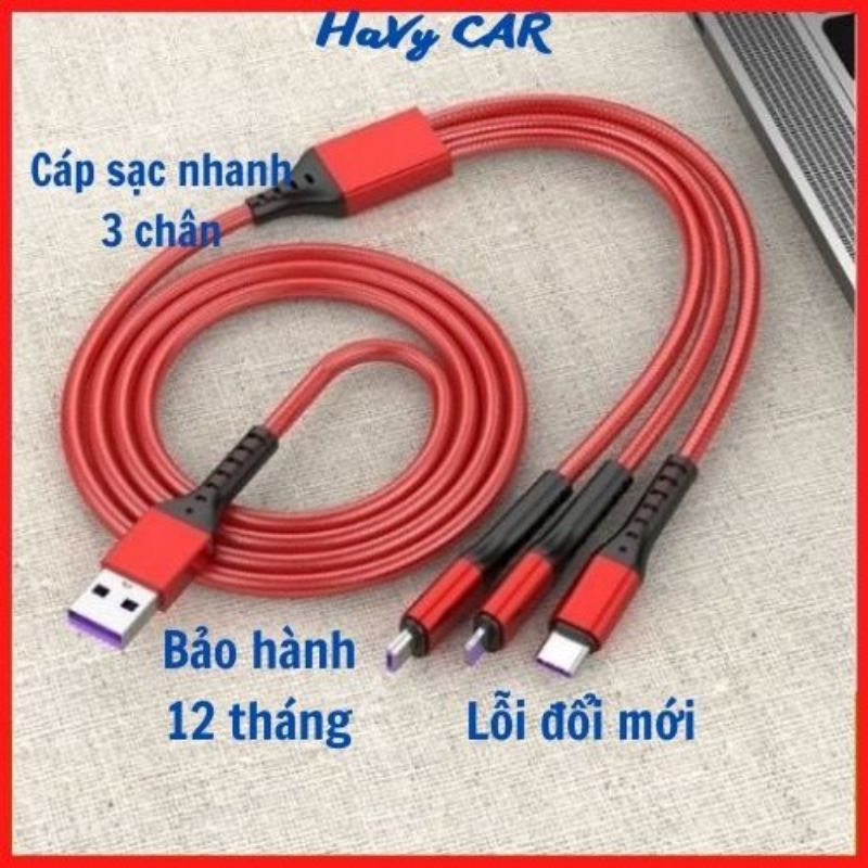 Dây sạc 3 đầu sạc nhanh tiện dụng, cáp sạc 3 đầu bọc dù chính hãng