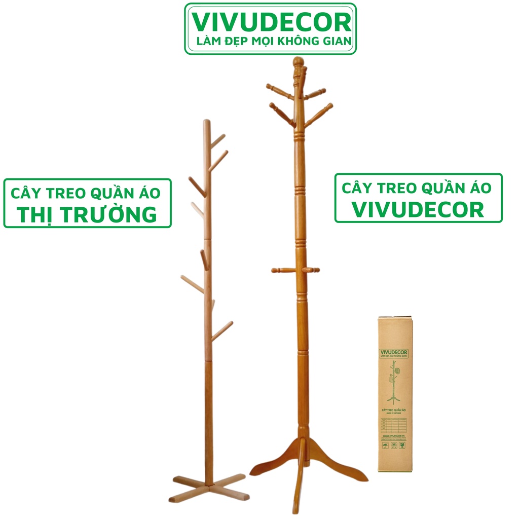 Cây Treo Quần Áo Vivudecor 100% Gỗ Tự Nhiên, Cây Treo Đồ GH 9 Nhánh Lắp Ráp Xuất Khẩu Hàn Quốc.