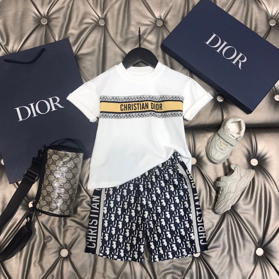 Dior Bộ Áo Thun Cotton Ngắn Tay In Chữ + Quần Short Thời Trang Cho Bé