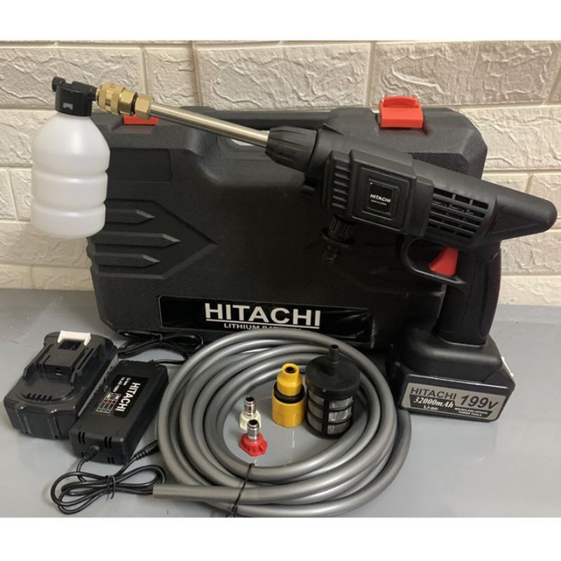 Máy rửa xe dùng pin mini, Máy xịt rửa tăng áp Hitachi 199V áp lực cao 1400W [Tặng bình tạo bọt]