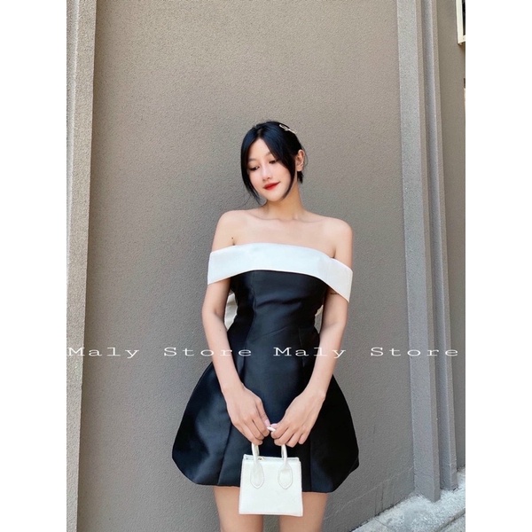 Đầm xoè nơ lưng trễ vai đen hồng xanh trắng