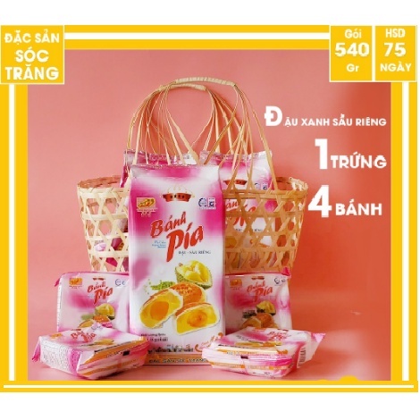Bánh pía đậu xanh sầu riêng 1 trứng Tân Huê Viên 540g, bánh pía Sóc Trăng chính hãng Tân Huê Viên [TÚI 4 BÁNH]