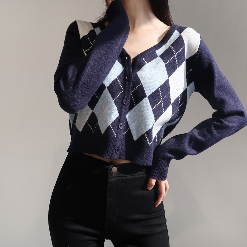 Xiaozhainv Áo Khoác Cardigan Dệt Kim Cổ Chữ V Tay Dài Dáng Ngắn Họa Tiết Hình Thoi Màu Phong Cách Âu Mỹ Thời Trang Cho Bạn Nữ