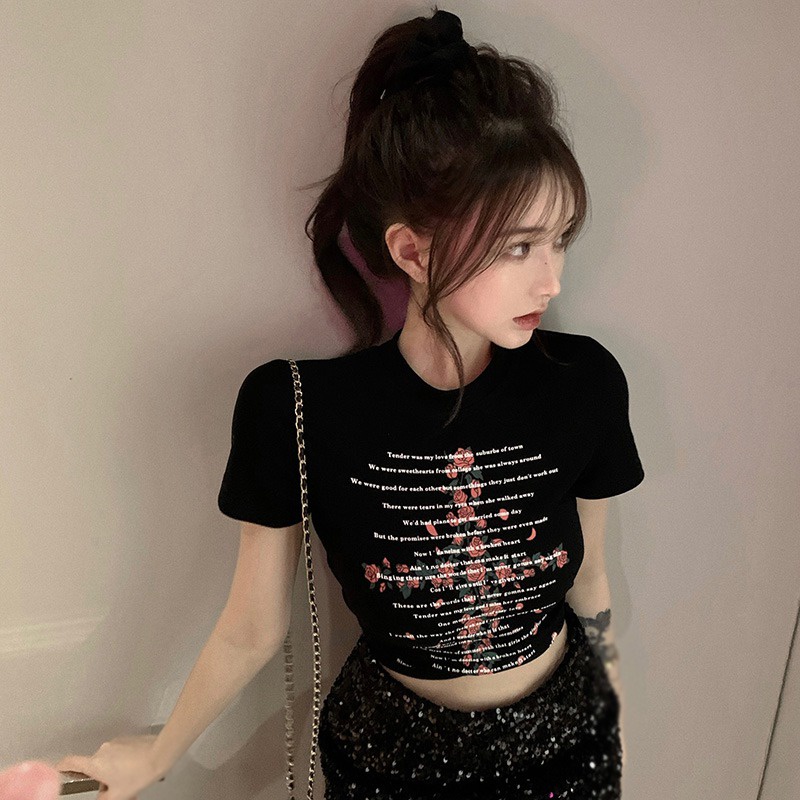 Áo Thun Croptop Cổ Tròn Tay Ngắn Dáng Ôm In Hoa Hồng Kiểu Retro Hàn Quốc Thời Trang Cho Nữ