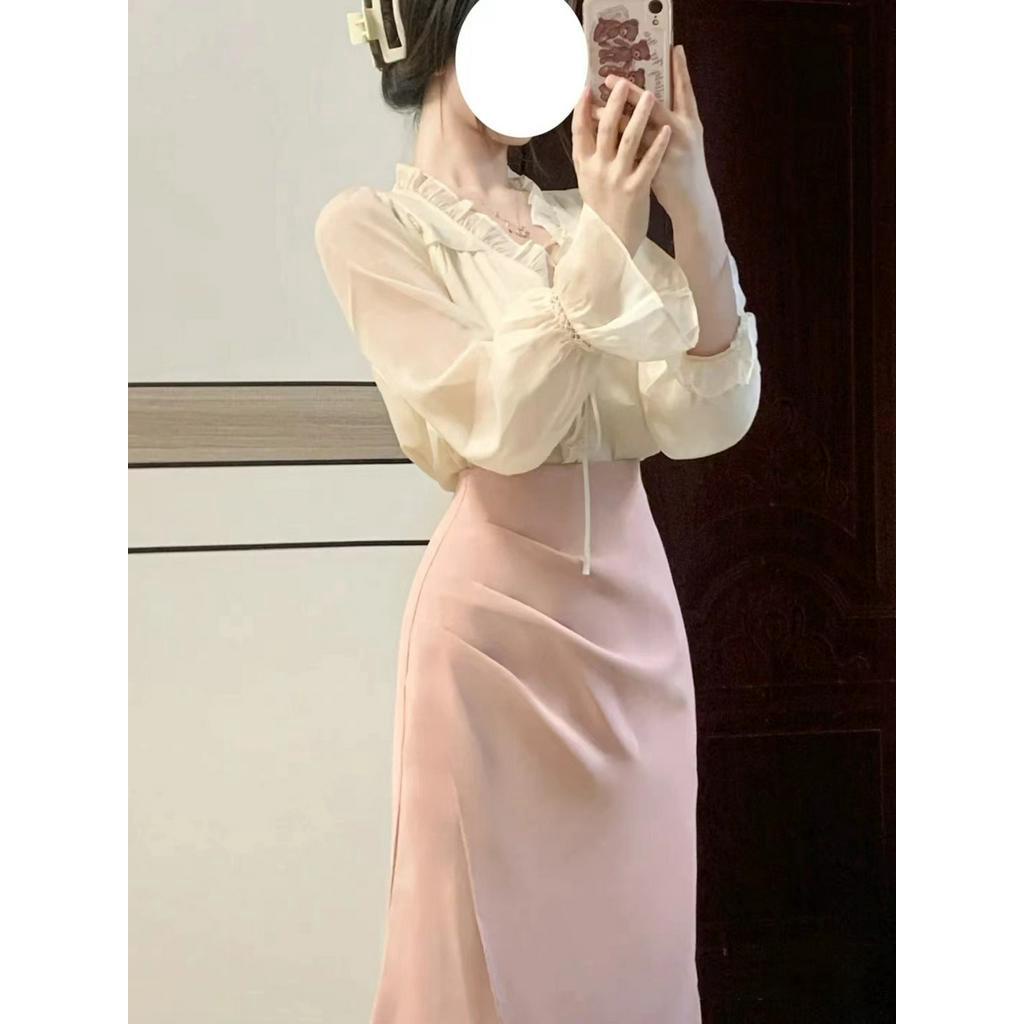 Set Công Sở Áo Sơ Mi Bèo Mix Chân Váy Đuôi Cá Xếp Ly Nhẹ Nhàng Phong Cách Pháp