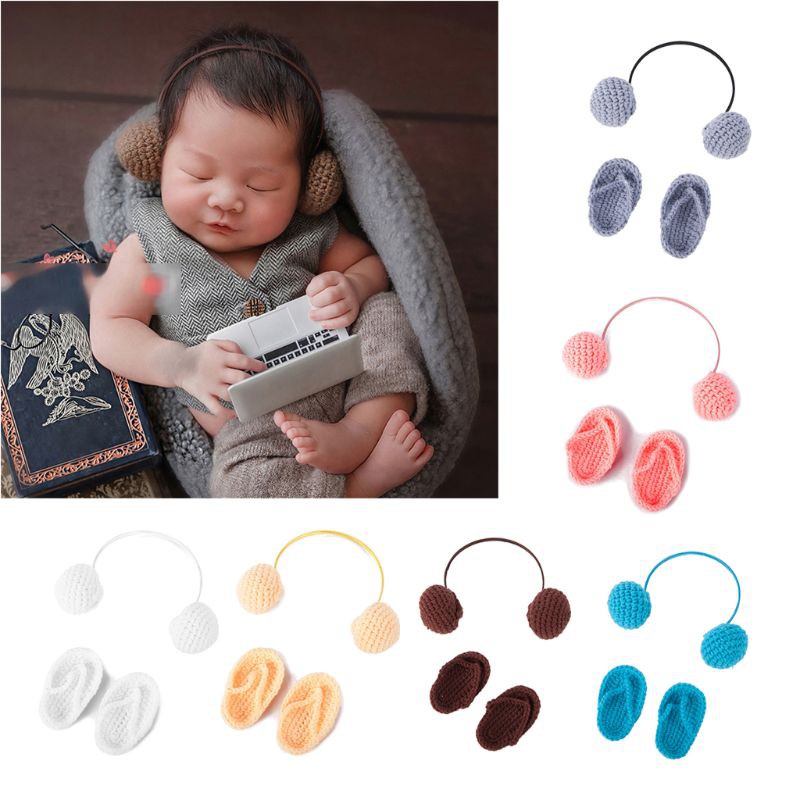 Bộ bịt tai + dép lê vải bông cho bé sơ sinh thiết kế dễ thương xinh xắn