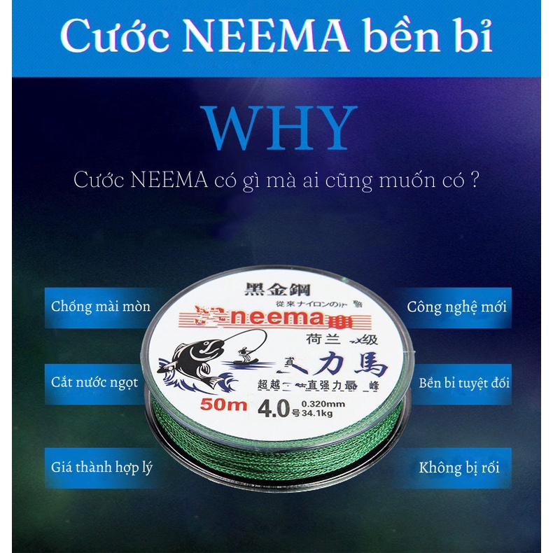 Dù câu cá cao cấp PE DYNEEMA , dài 50m màu xanh rêu , chất liệu siêu bền , tải cá siêu khỏe ( đồ câu CoYe )