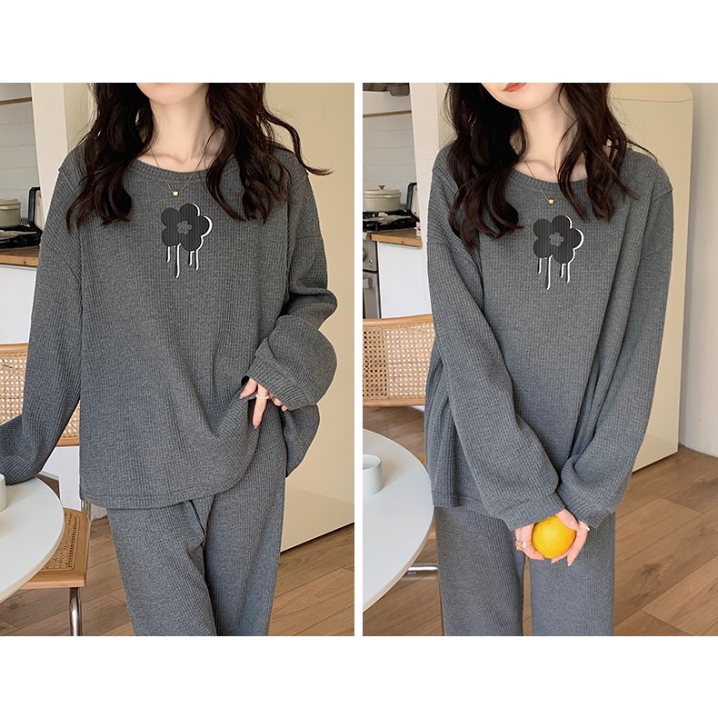 Đồ bộ bầu và sau sinh cho con bú thu đông họa tiết bông hoa quần có chun cúc điều chỉnh tiện lợi, chất cotton cao cấp