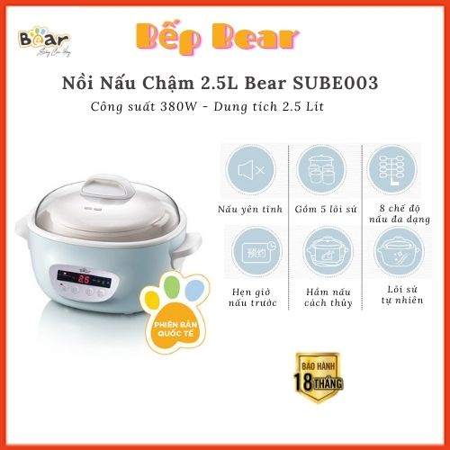 Nồi Nấu Cháo Chậm, Nồi Nấu Chậm 2.5L, Nồi Nấu Đa Năng Kèm Lồng Hấp, Bảo Hành 18 Tháng